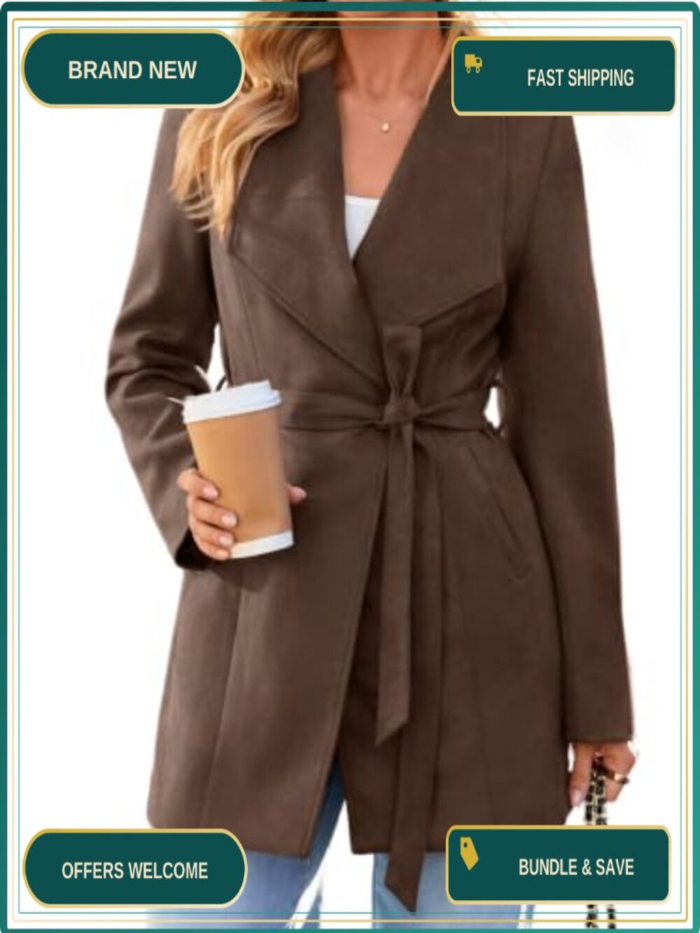 Faux Suede Trench Coat Open Front Tie Waist Long Sleeve Fall Jacket
